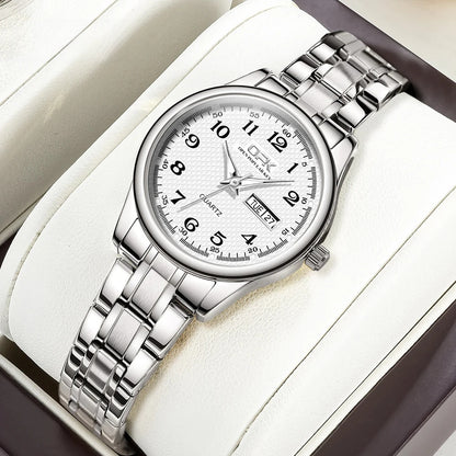 Women's Stainless Steel Blue Dial Watch Dual Calendar BandsCo Straps