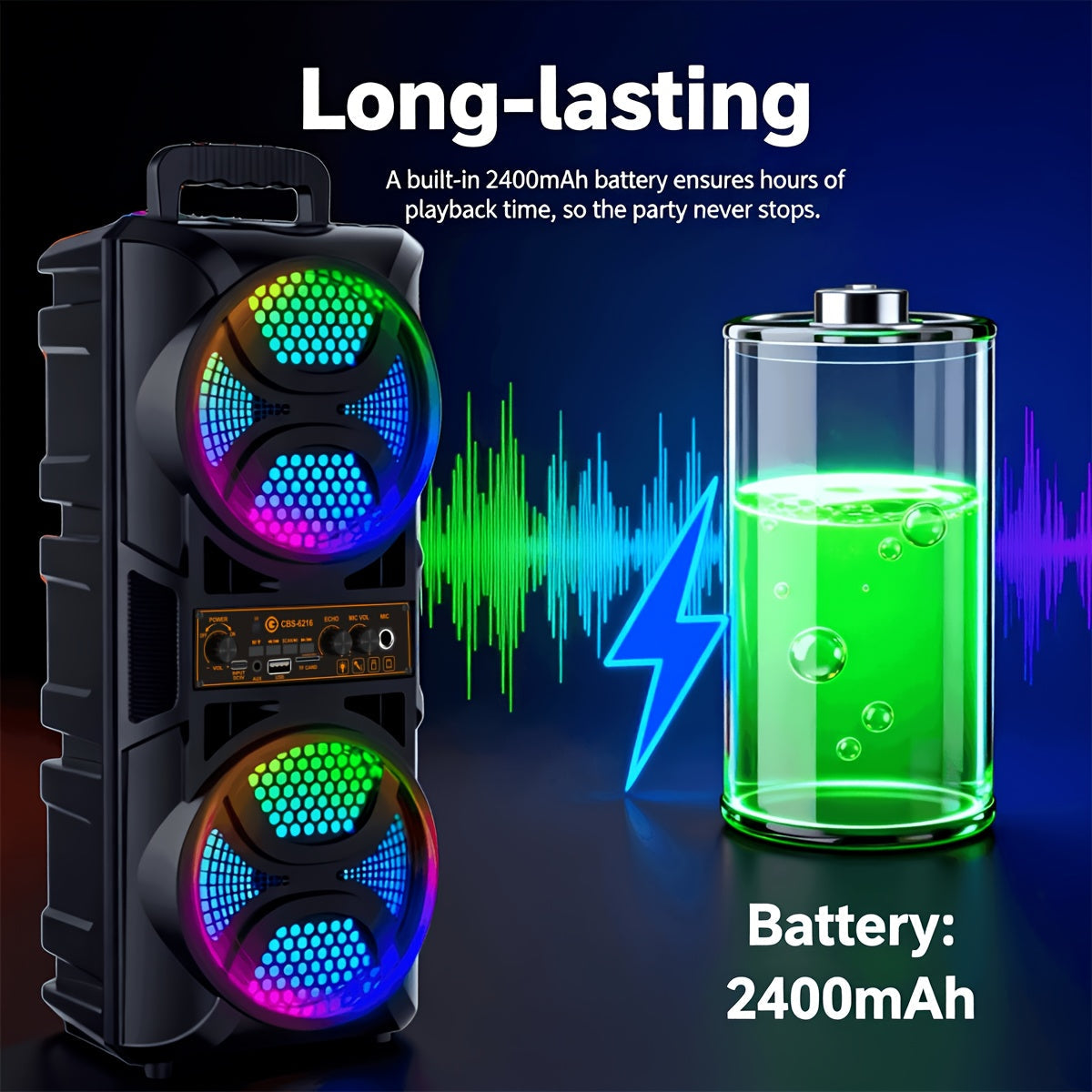 Portable Bluetooth Speaker with Subwoofer Bass, Dual 6.5" LED Woofers and Microphone DailySale