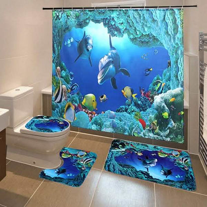 3D Printing Waterproof Shower Curtain Pedestal Rug Toilet Cover Bath Mat Set DailySale