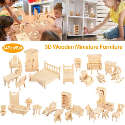 3D Wooden Dollhouse Furniture Puzzles DailySale