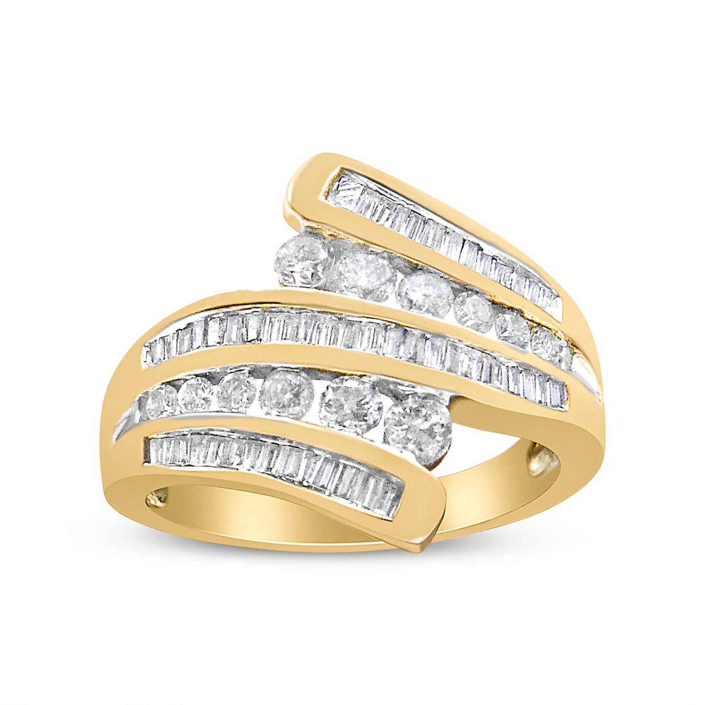 10K Yellow Gold 1 Cttw Round and Baguette-Cut Diamond Multi Row Bypass Ring Band (H-I Color, I1-I2 Clarity) - Ring Size 7 Bids.com