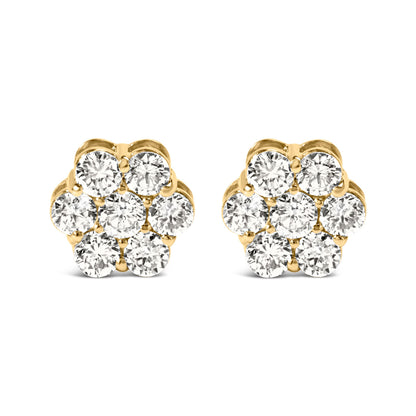 14K Yellow Gold 1 1/2 Cttw 7 Stone Floral Cluster Round Brilliant Cut Diamond Stud Earrings with Screw Backs (I-J Color, SI1-SI2 Clarity) Bids.com