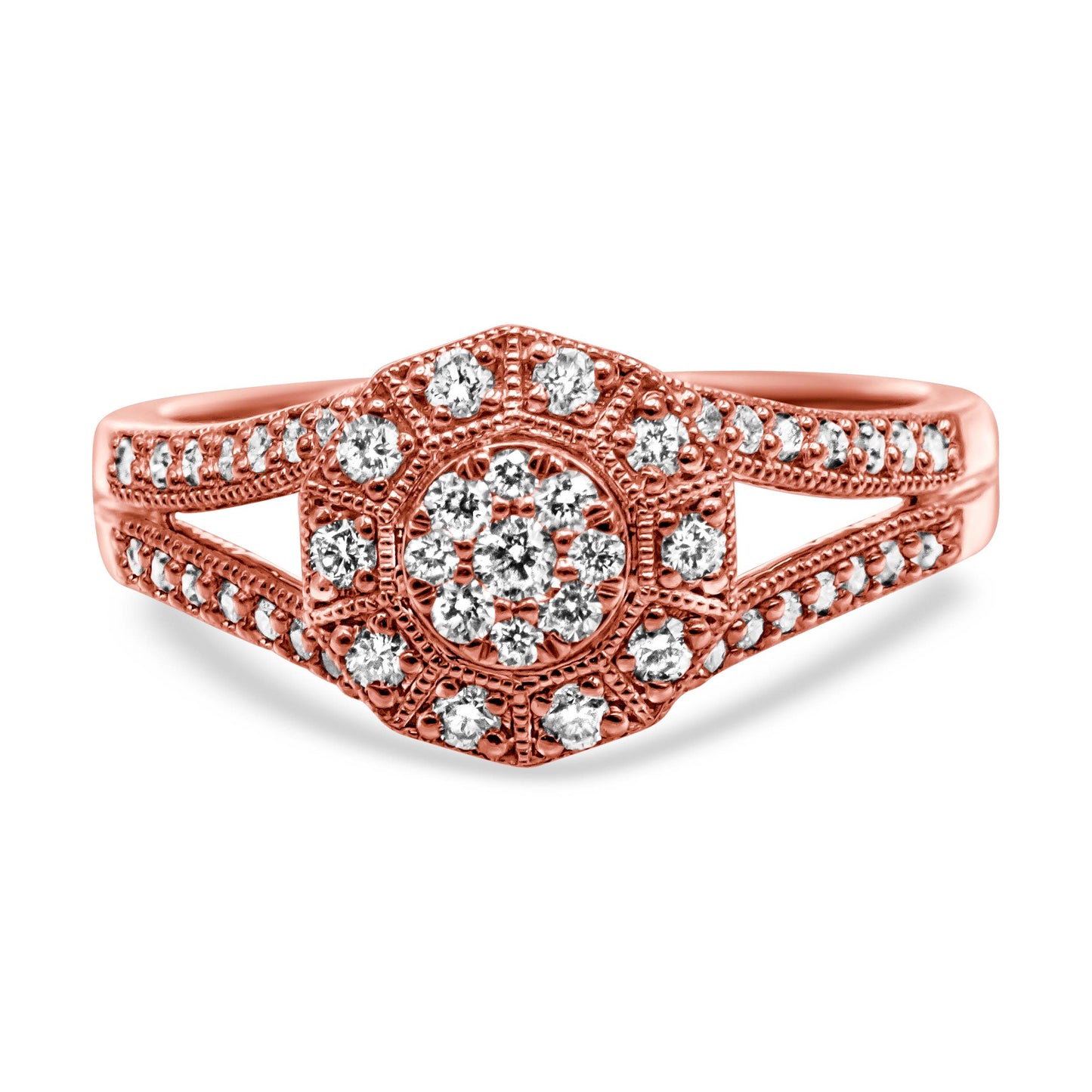 14K Rose Gold Plated .925 Sterling Silver 1/2 Cttw Pave Diamond Halo Cluster Split Shank Cocktail Ring (I-J Color, I1-I2 Clarity) - Size 6 Bids.com