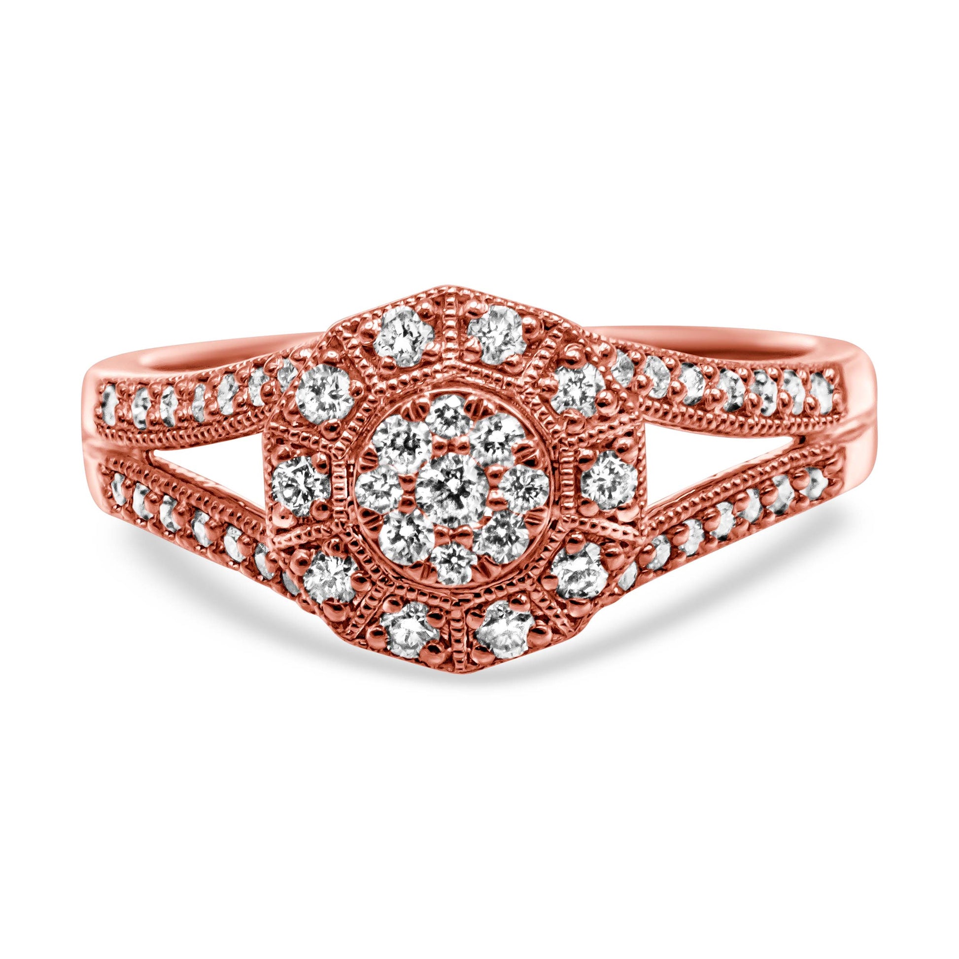 14K Rose Gold Plated .925 Sterling Silver 1/2 Cttw Pave Diamond Halo Cluster Split Shank Cocktail Ring (I-J Color, I1-I2 Clarity) - Size 6 Bids.com
