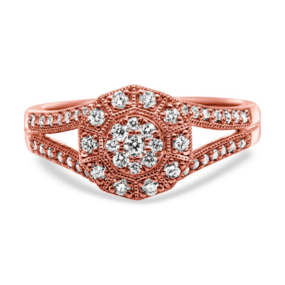 14K Rose Gold Plated .925 Sterling Silver 1/2 Cttw Pave Diamond Halo Cluster Split Shank Cocktail Ring (I-J Color, I1-I2 Clarity) - Size 6 Bids.com