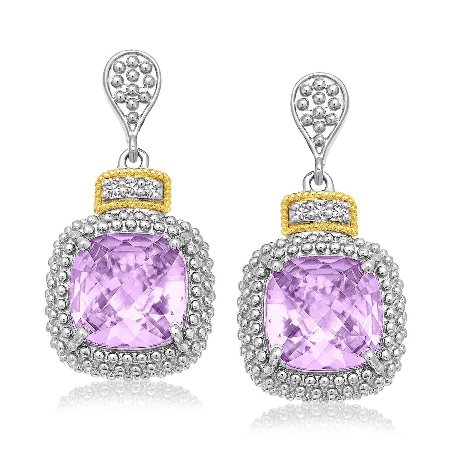 18k Yellow Gold & Sterling Silver Cushion Amethyst & Diamond Earrings (.05cttw) Bids.com