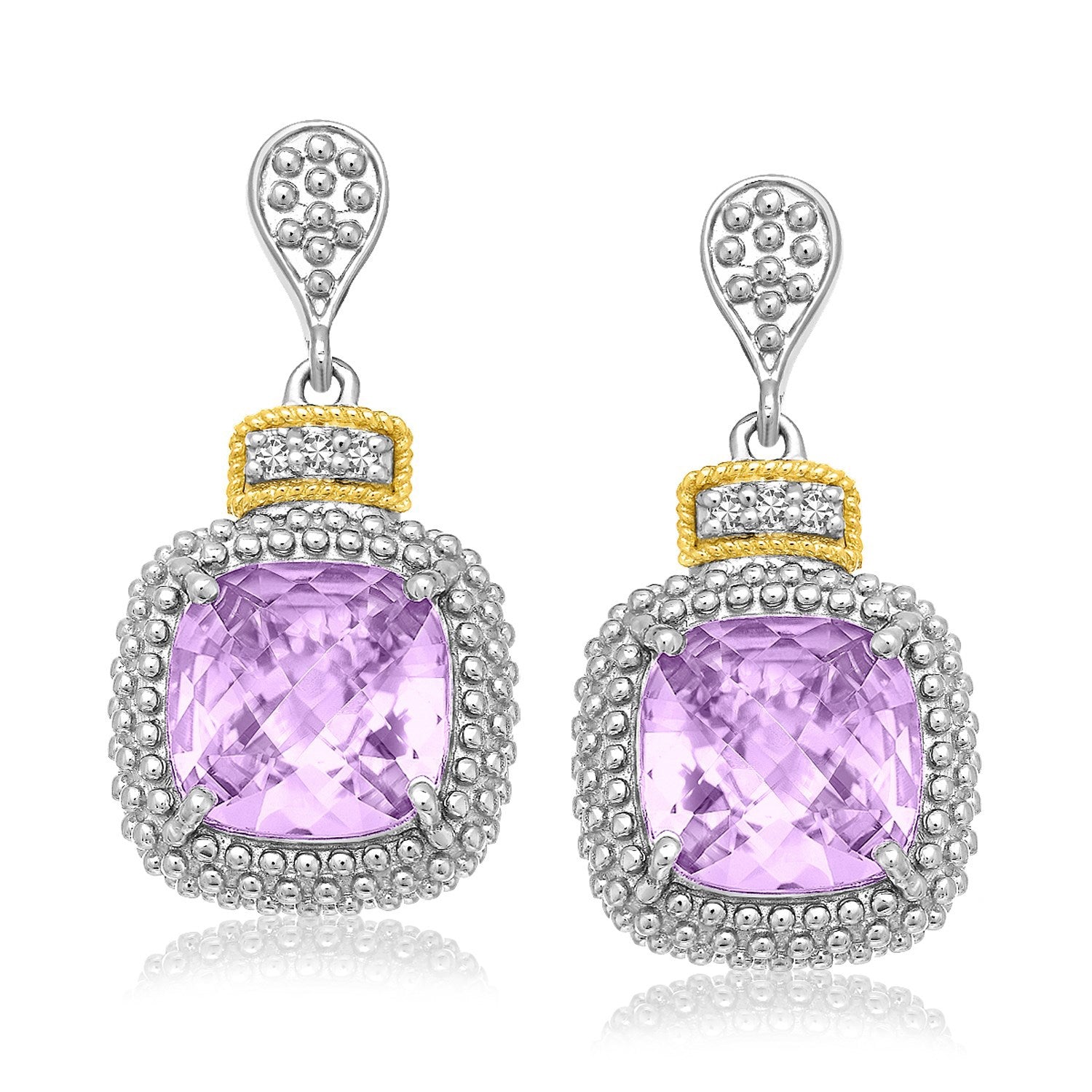 18k Yellow Gold & Sterling Silver Cushion Amethyst & Diamond Earrings (.05cttw) Bids.com