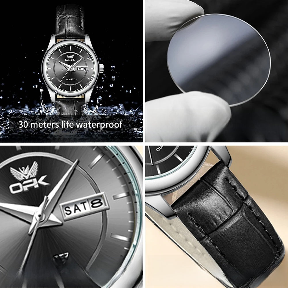 Women's Leather Strap Quartz Watch Silver Case Dual Day BandsCo Straps