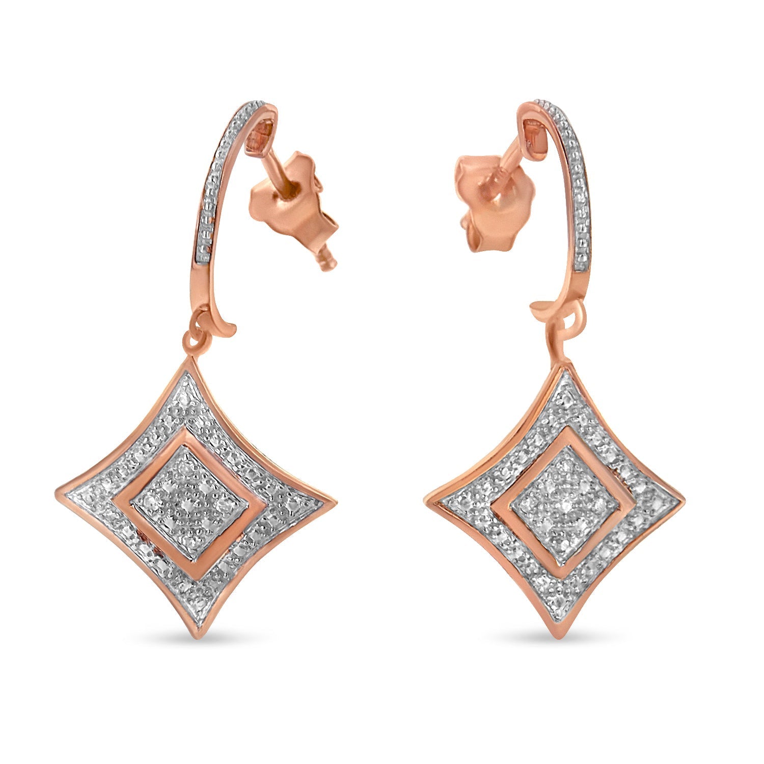 10K Rose Gold Plated Sterling Silver Round Cut Diamond Cushion Dangle Earrings (0.04 cttw, H-I Color, I2-I3 Clarity) Bids.com