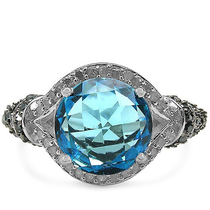 4.96 Carat Genuine Blue Topaz, Blue Diamond & White Diamond .925 Sterling Silver Ring Bids.com