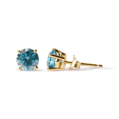 14K Yellow Gold 1.0 Cttw Treated Aqua Blue Diamond Classic Solitaire Stud Earrings (Aqua Blue Color, I2-I3 Clarity) Bids.com