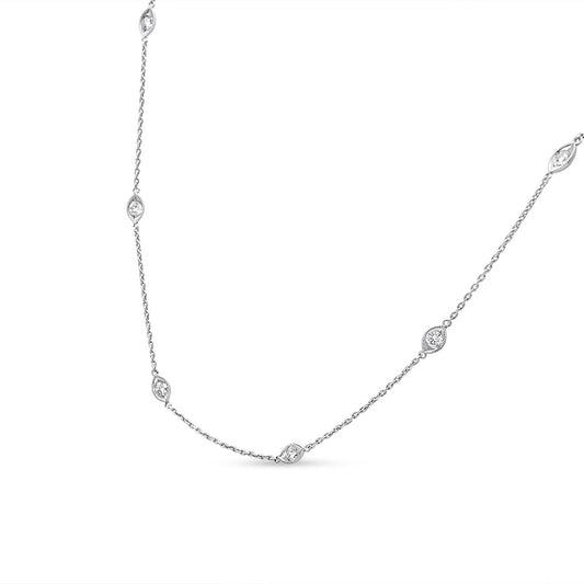 14K White Gold 1.00 Cttw Bezel Set Round Diamond Marquise Shaped Milgrain Station 18" Collar Necklace (G-H Color, SI1-SI2 Clarity) Bids.com