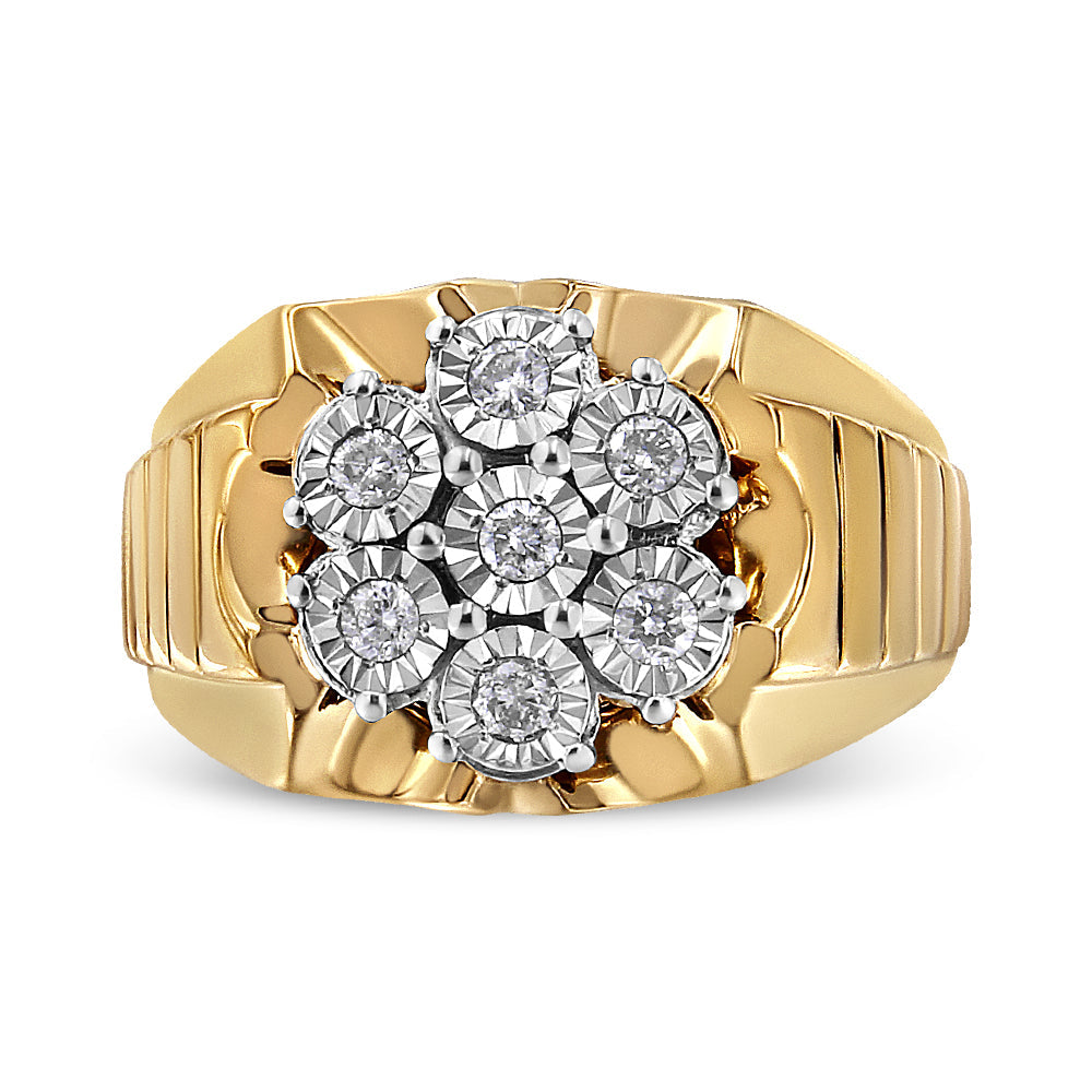 Men's 14K Yellow Gold Plated .925 Sterling Silver 1/3 Cttw Miracle-Set Floral Diamond Cluster Ring (I-J Color, I1-I2 Clarity) - Size 10 Bids.com