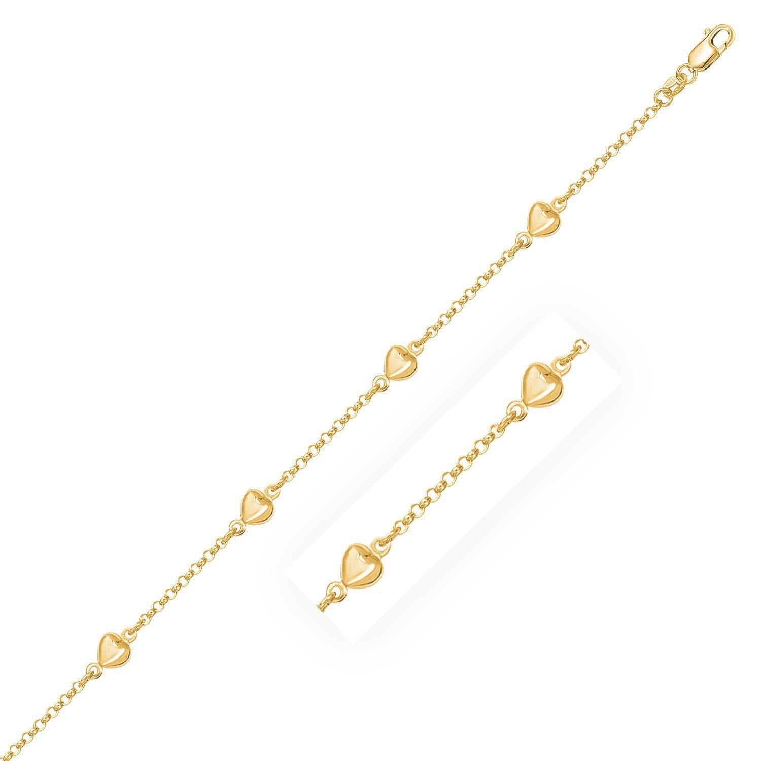 14k Yellow Gold Rolo Chain Bracelet with Puffed Heart Stations Bids.com