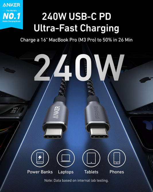 Anker Prime USB-C to USB-C Cable (240W, Upcycled-Braided) Anker