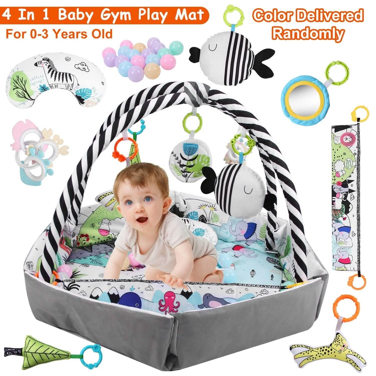 4-in-1 Baby Gym Play Mat Ball Pit with Pillow 18 Balls 9 Toys for 0-3 Years Old DailySale