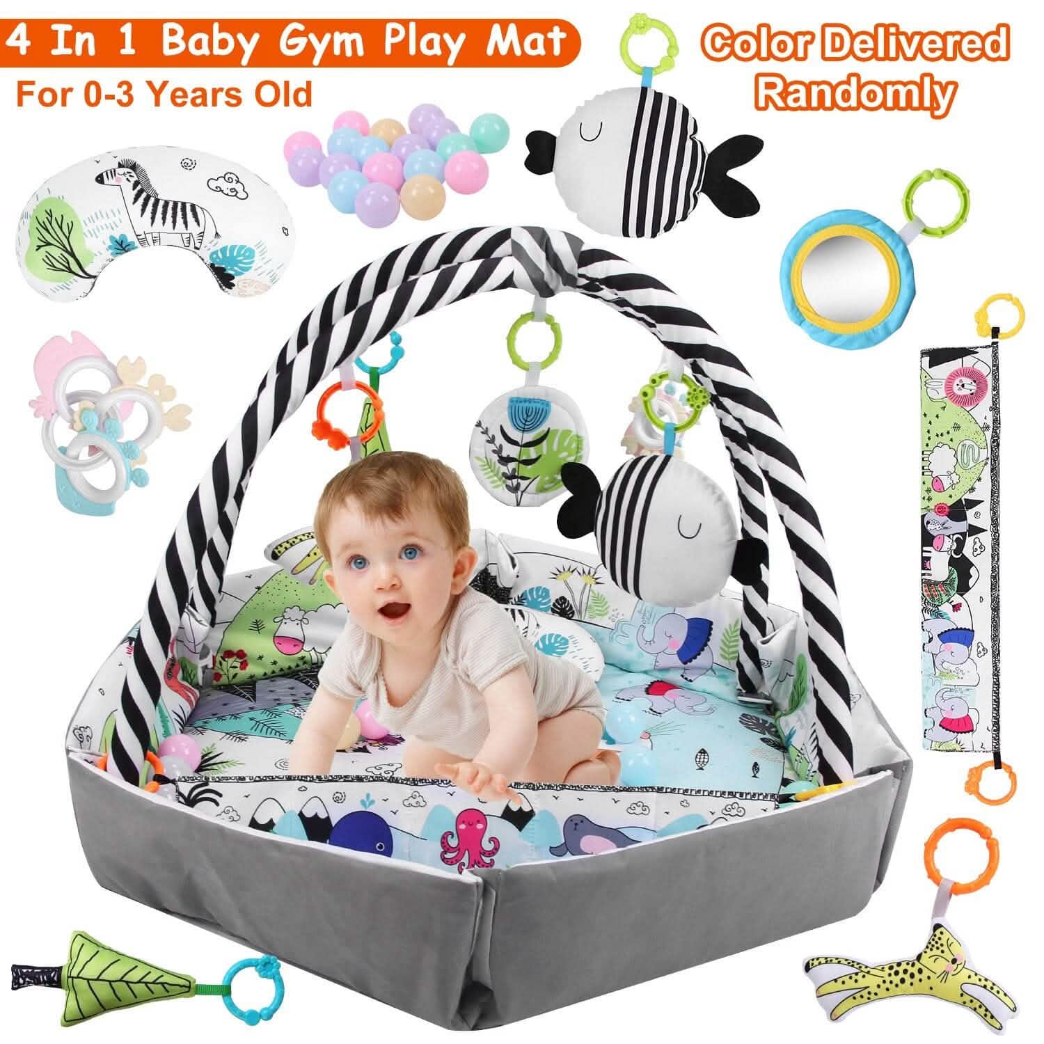 4-in-1 Baby Gym Play Mat Ball Pit with Pillow 18 Balls 9 Toys for 0-3 Years Old DailySale
