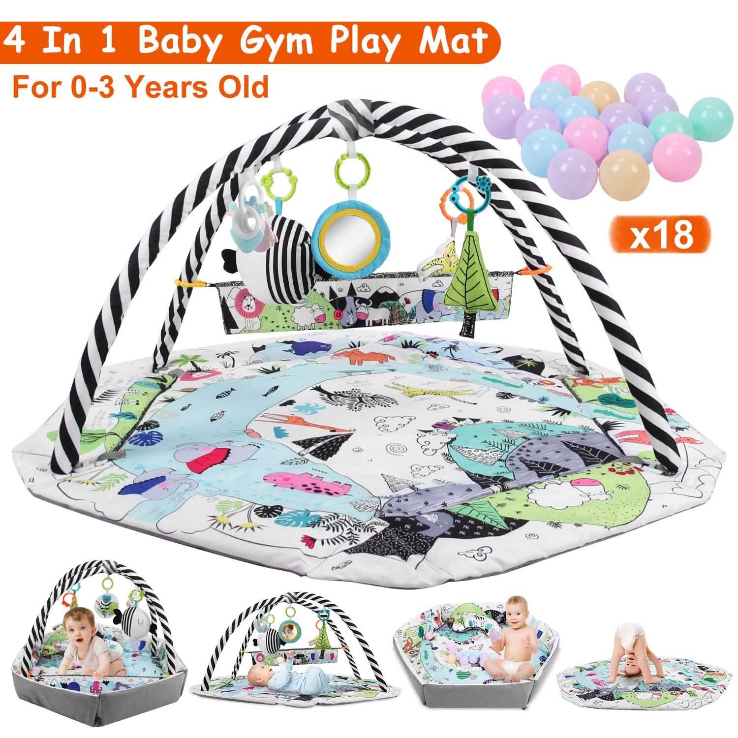 4-in-1 Baby Gym Play Mat Ball Pit with Pillow 18 Balls 9 Toys for 0-3 Years Old DailySale