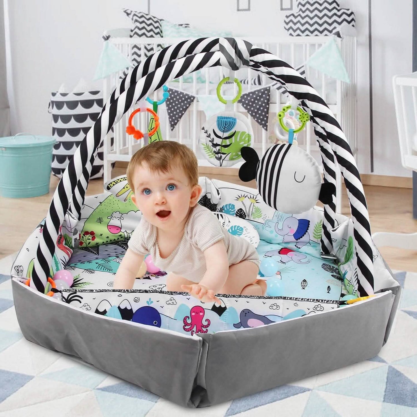 4-in-1 Baby Gym Play Mat Ball Pit with Pillow 18 Balls 9 Toys for 0-3 Years Old DailySale