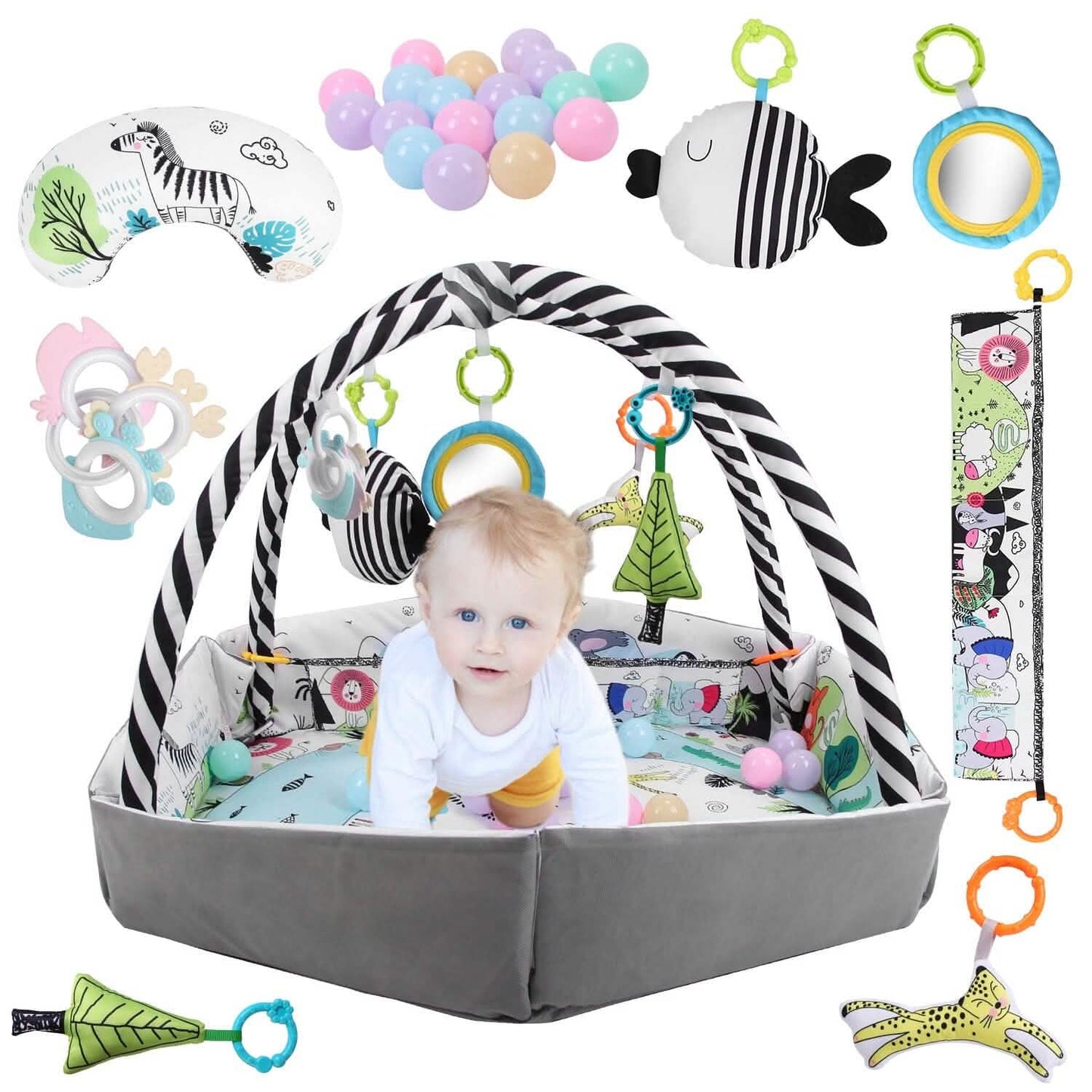 4-in-1 Baby Gym Play Mat Ball Pit with Pillow 18 Balls 9 Toys for 0-3 Years Old DailySale