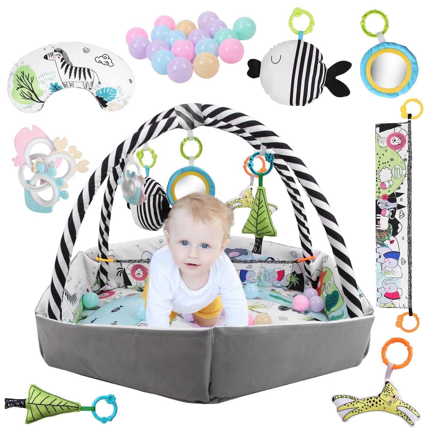 4-in-1 Baby Gym Play Mat Ball Pit with Pillow 18 Balls 9 Toys for 0-3 Years Old DailySale