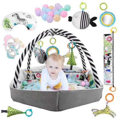 4-in-1 Baby Gym Play Mat Ball Pit with Pillow 18 Balls 9 Toys for 0-3 Years Old DailySale