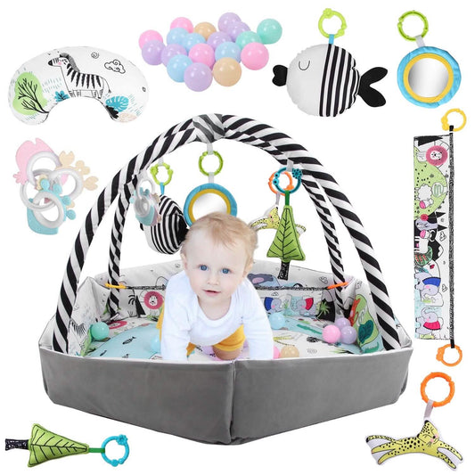 4-in-1 Baby Gym Play Mat Ball Pit with Pillow 18 Balls 9 Toys for 0-3 Years Old DailySale