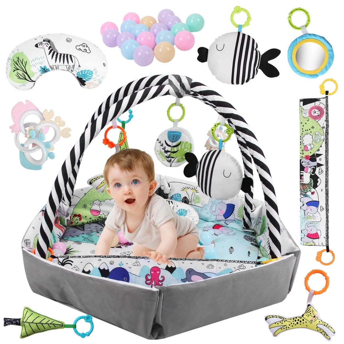 4-in-1 Baby Gym Play Mat Ball Pit with Pillow 18 Balls 9 Toys for 0-3 Years Old DailySale