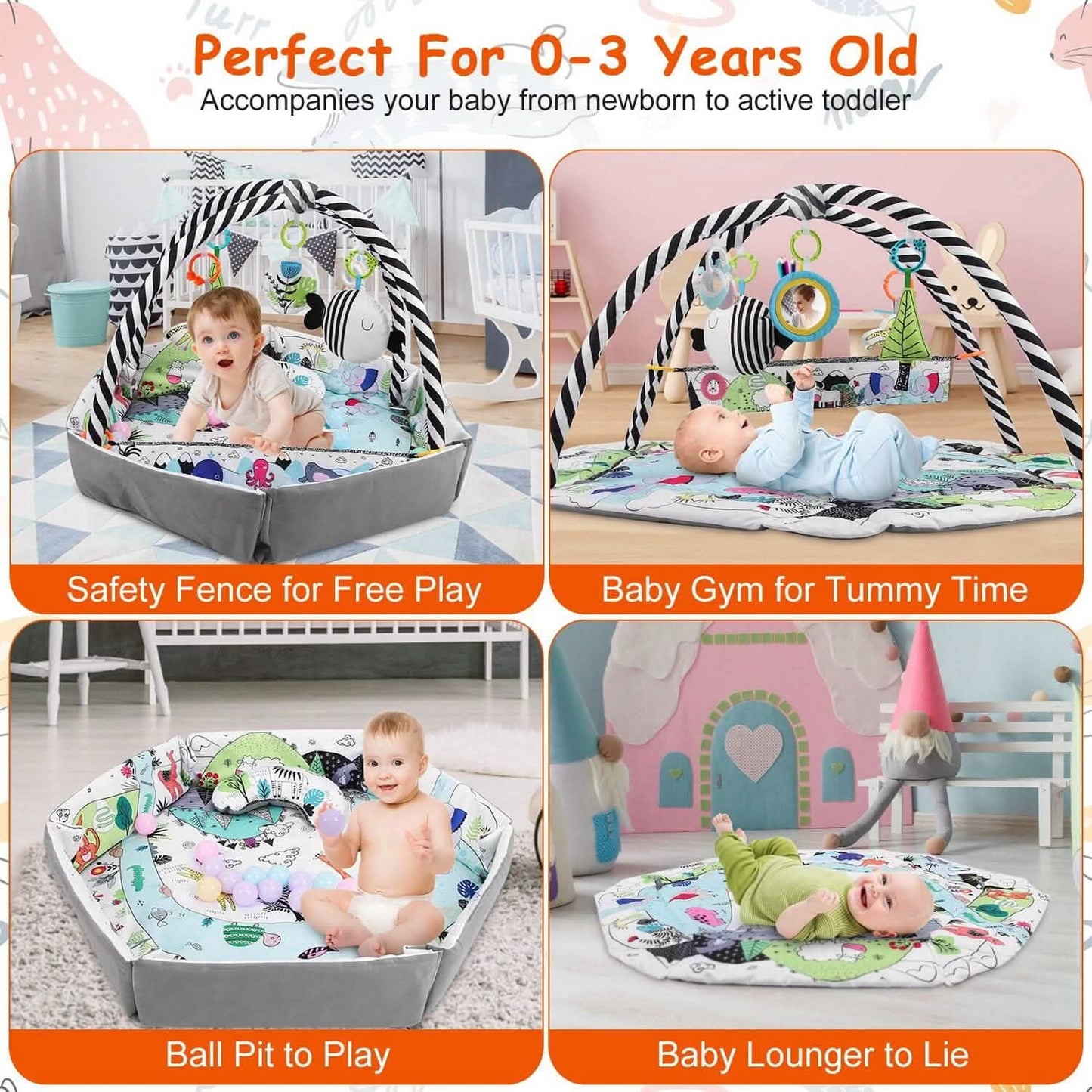 4-in-1 Baby Gym Play Mat Ball Pit with Pillow 18 Balls 9 Toys for 0-3 Years Old DailySale