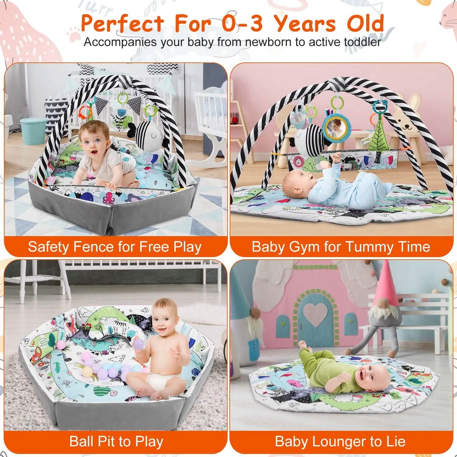 4-in-1 Baby Gym Play Mat Ball Pit with Pillow 18 Balls 9 Toys for 0-3 Years Old DailySale