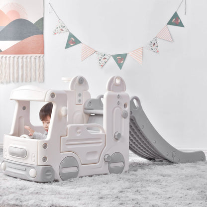 4-in-1 Slide with Bus Climber Slide Set with Basketball Hoop Indoor and Outdoor DailySale