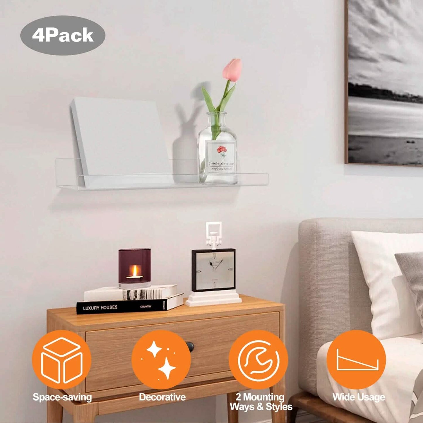 4-Pack: 15 inches Clear Acrylic Floating Shelves with 2 Mounting Ways DailySale