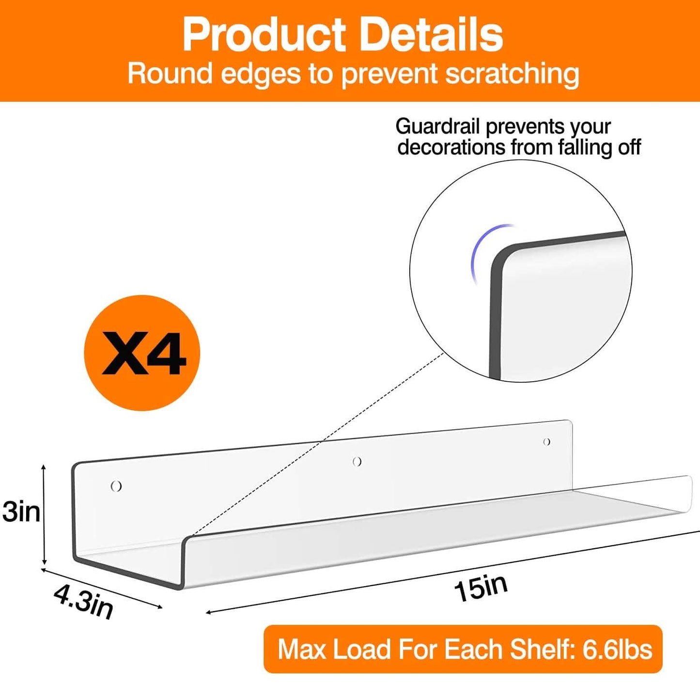 4-Pack: 15 inches Clear Acrylic Floating Shelves with 2 Mounting Ways DailySale