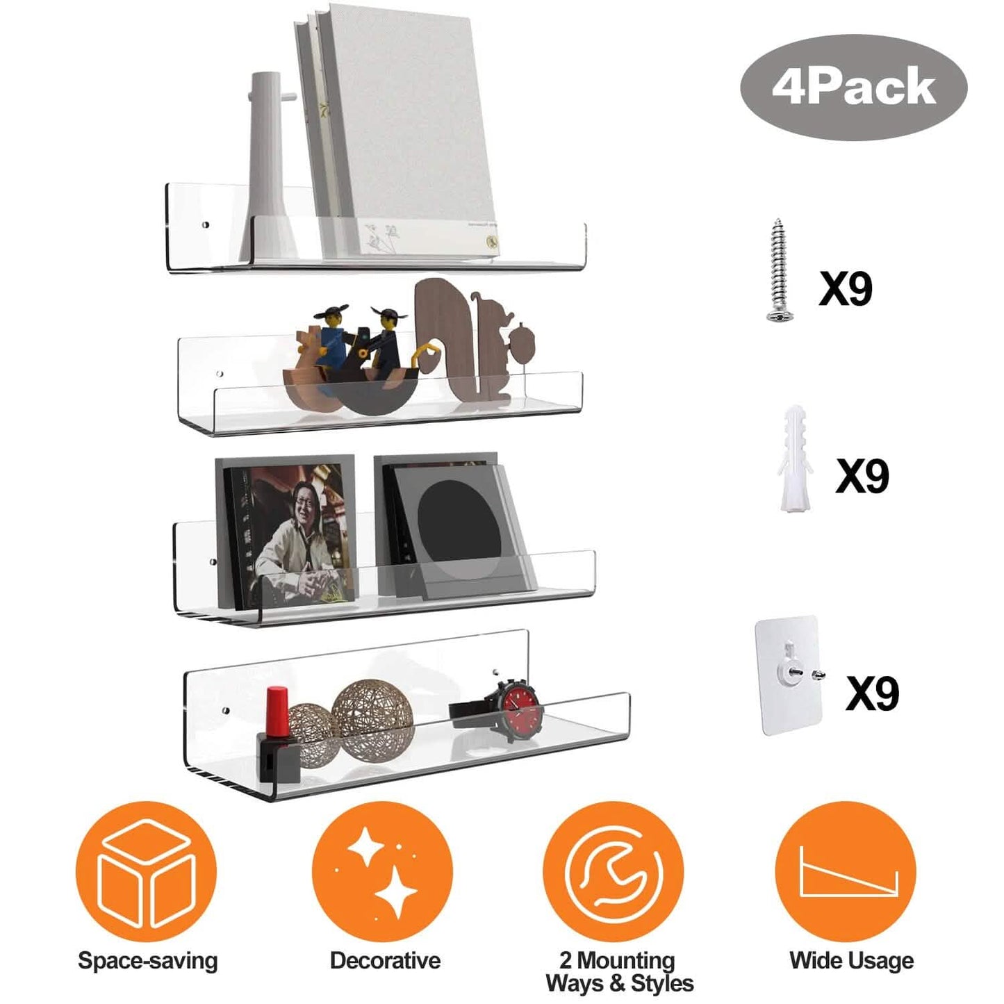 4-Pack: 15 inches Clear Acrylic Floating Shelves with 2 Mounting Ways DailySale