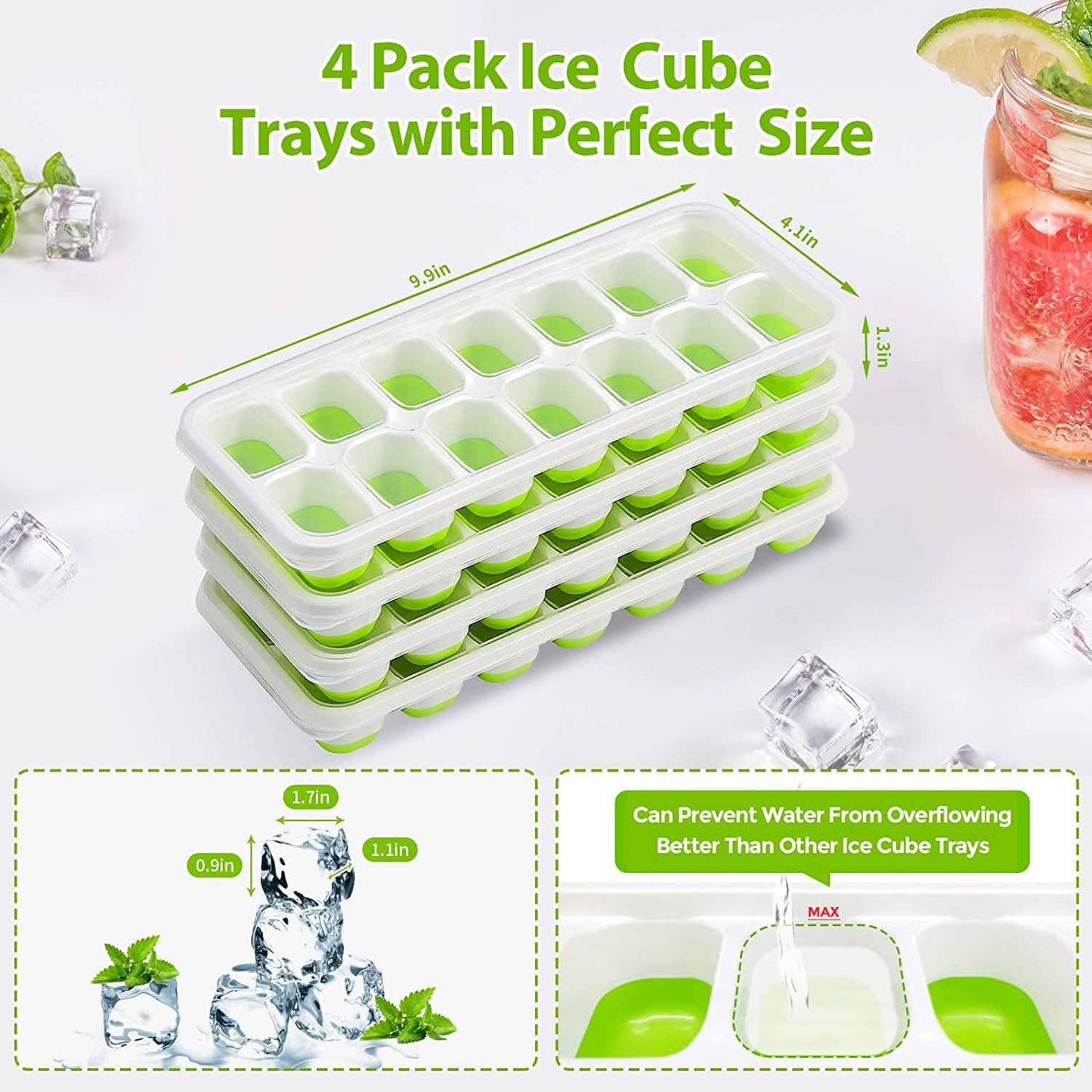 4-Pack: Easy-Release Silicone & Flexible 14-Ice Cube Trays with Spill-Resistant Removable Lid DailySale