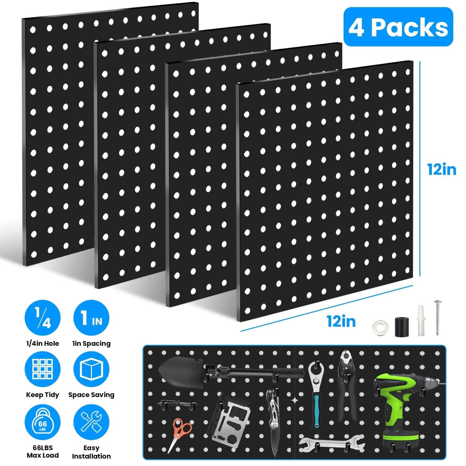 4-Pack: Metal Black Pegboard Wall Organizer with 1" Spacing 1/4" Hole DailySale