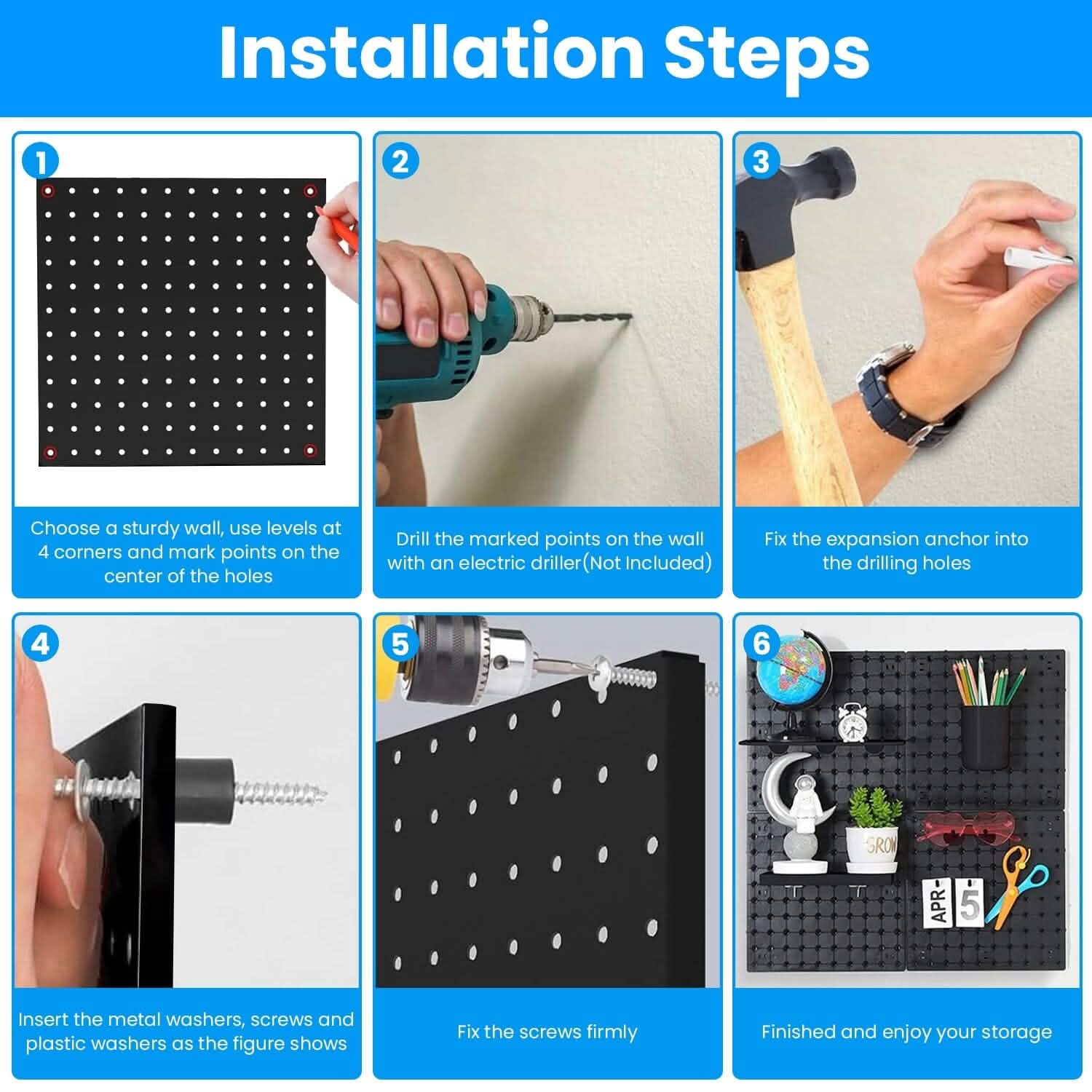 4-Pack: Metal Black Pegboard Wall Organizer with 1" Spacing 1/4" Hole DailySale
