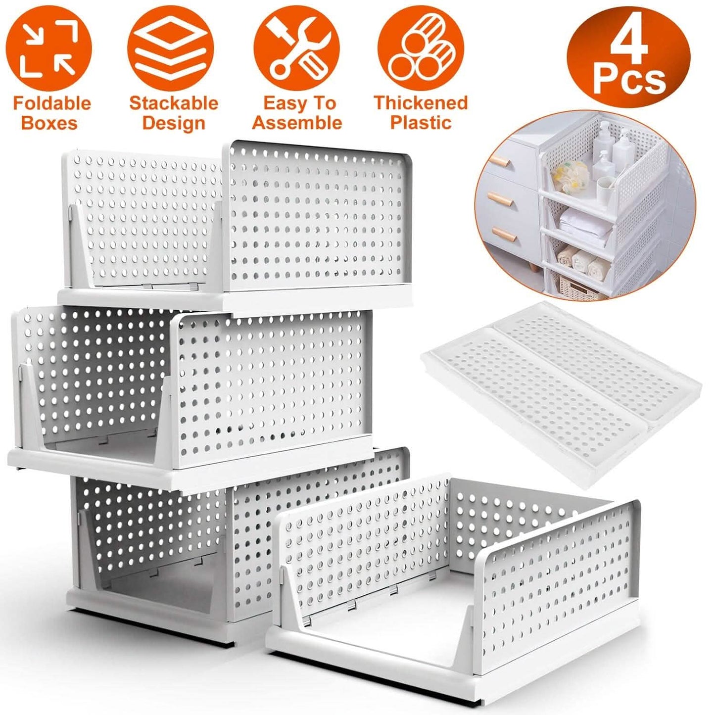 4-Packs: Plastic Storage Box Closet Organizer Foldable Storage with Slide Rail Push-Pull DailySale