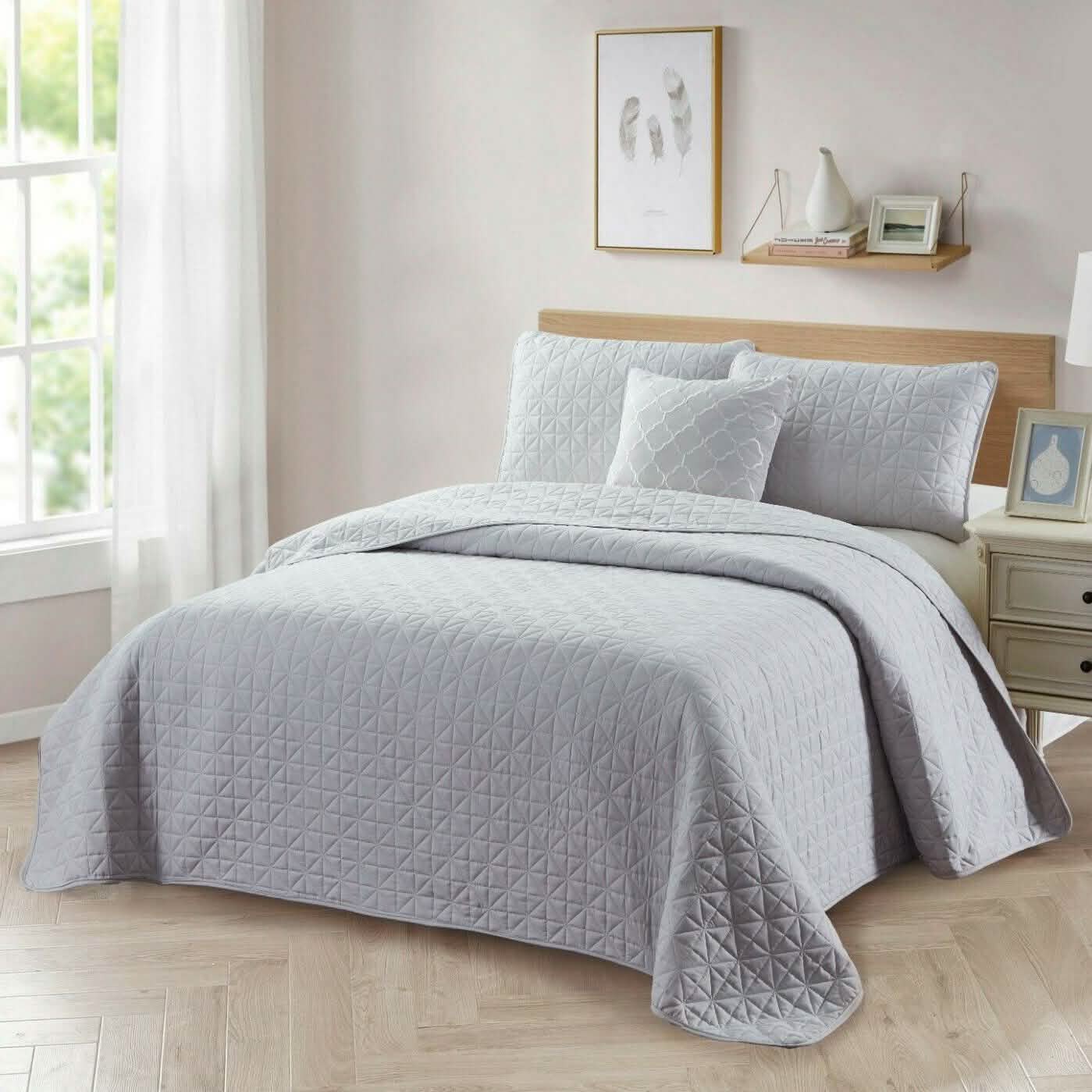 4-Piece: Bibb Home Solid Reversible Quilt Set with Embroidered Cushion DailySale