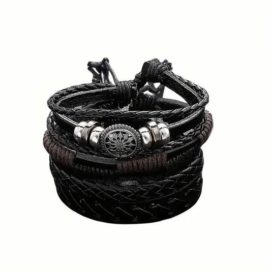 4-Piece Set: Exquisite Vintage-Style PU Leather Woven Handmade Charm Bracelets for Men DailySale