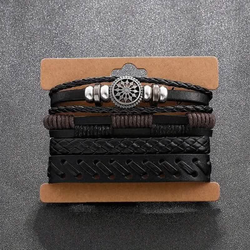 4-Piece Set: Exquisite Vintage-Style PU Leather Woven Handmade Charm Bracelets for Men DailySale
