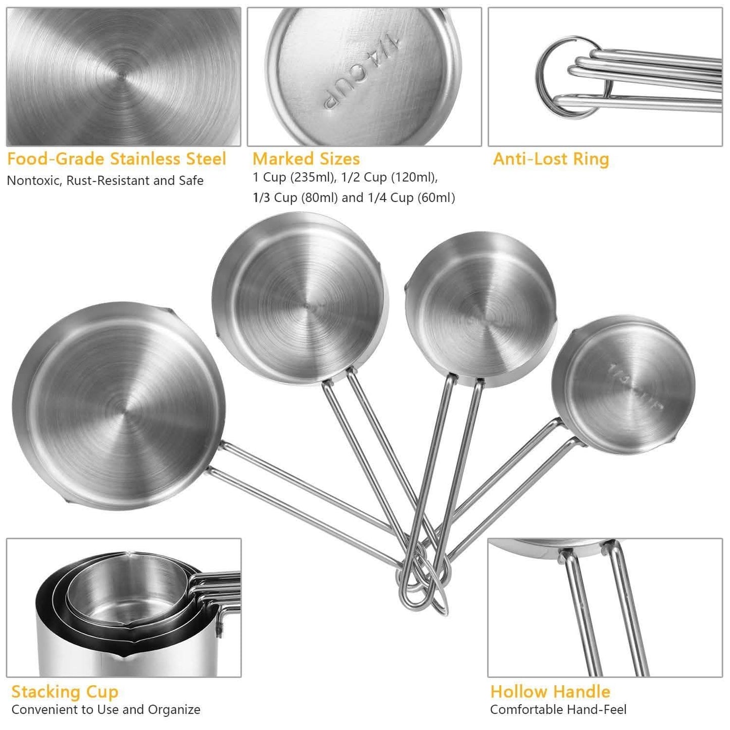 4-Piece: Stainless Steel Measuring Cups Stackable Kitchen Spoons Set DailySale