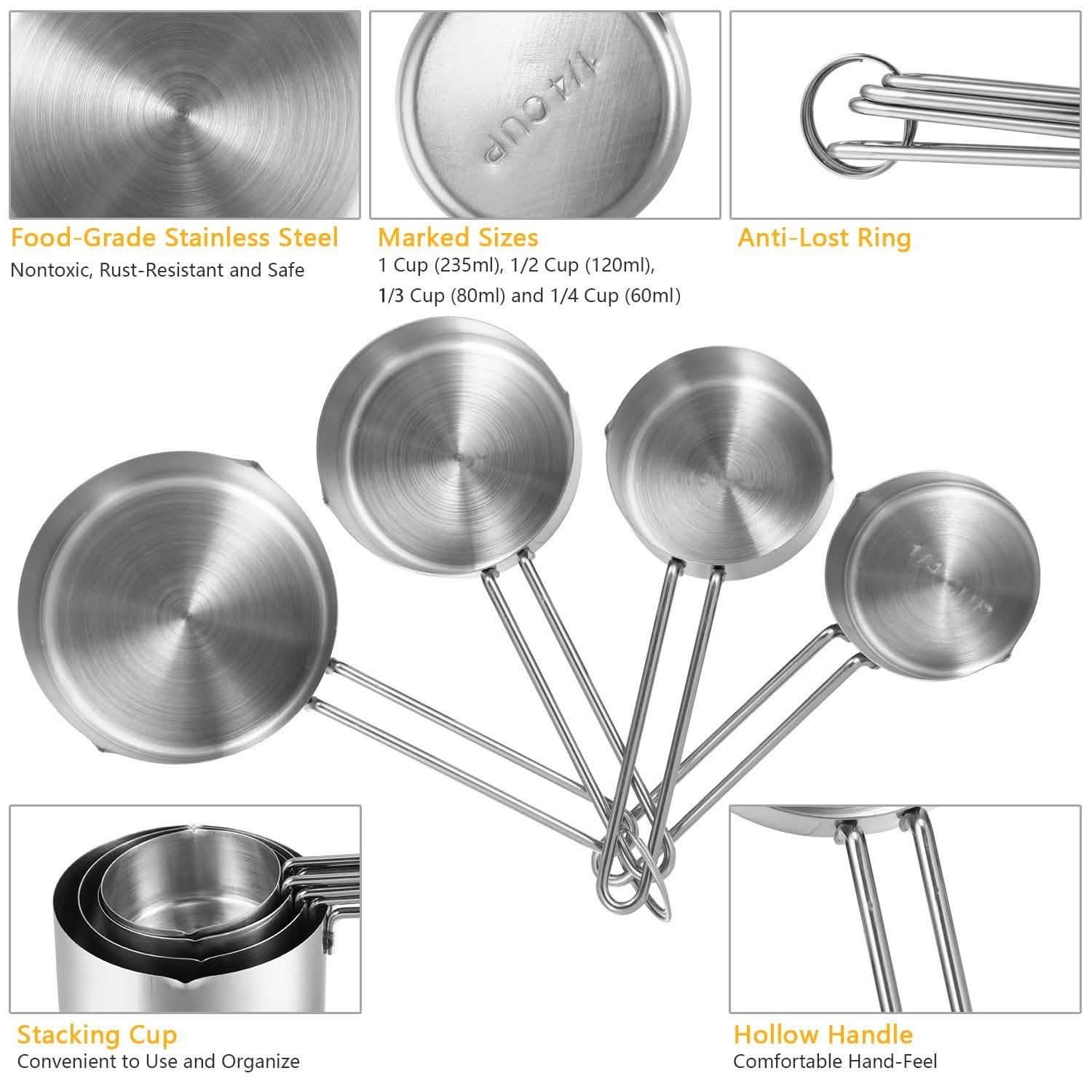 4-Piece: Stainless Steel Measuring Cups Stackable Kitchen Spoons Set DailySale