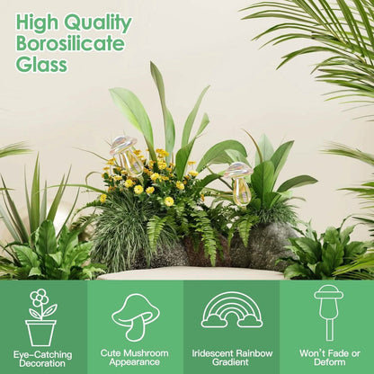 4-Pieces: Clear Glass Plant Watering Globes Iridescent Rainbow Gradient Mushroom DailySale