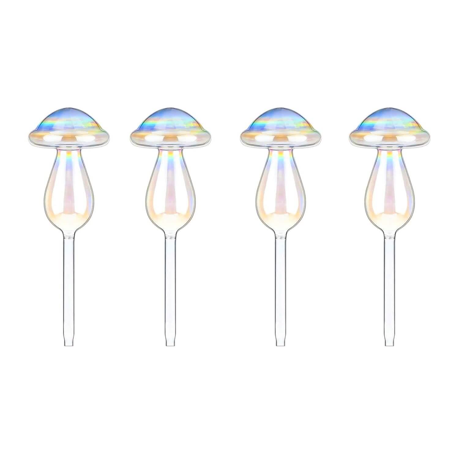4-Pieces: Clear Glass Plant Watering Globes Iridescent Rainbow Gradient Mushroom DailySale