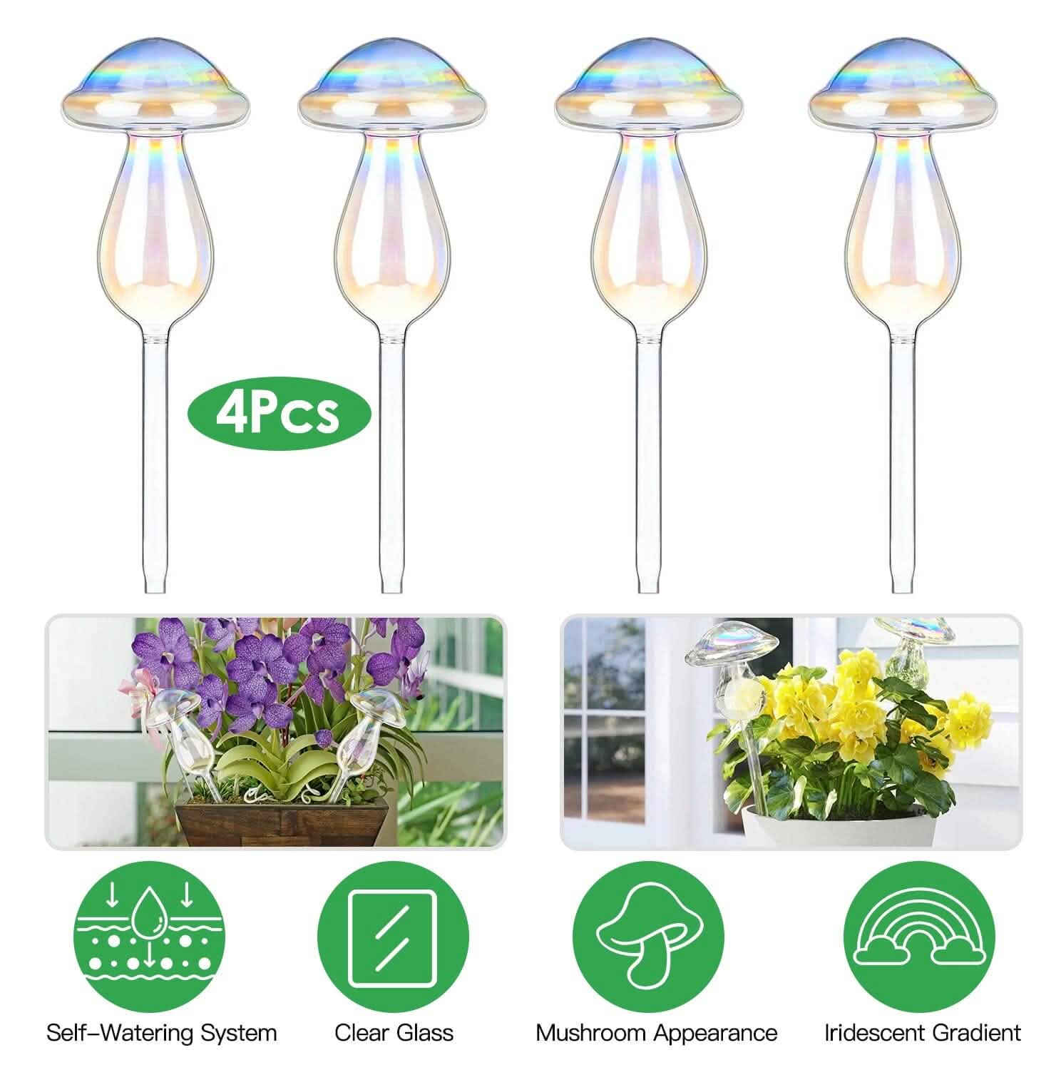 4-Pieces: Clear Glass Plant Watering Globes Iridescent Rainbow Gradient Mushroom DailySale