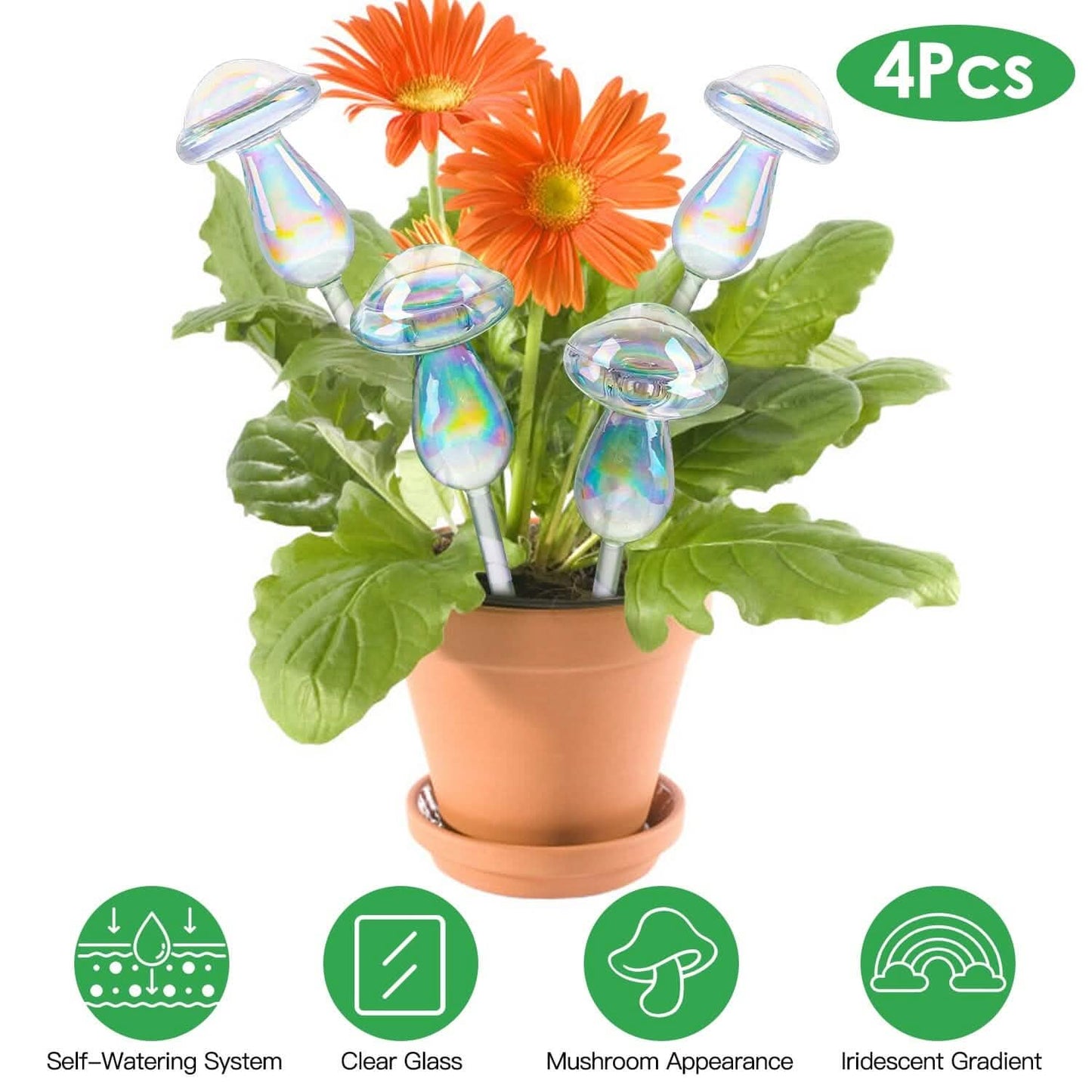 4-Pieces: Clear Glass Plant Watering Globes Iridescent Rainbow Gradient Mushroom DailySale