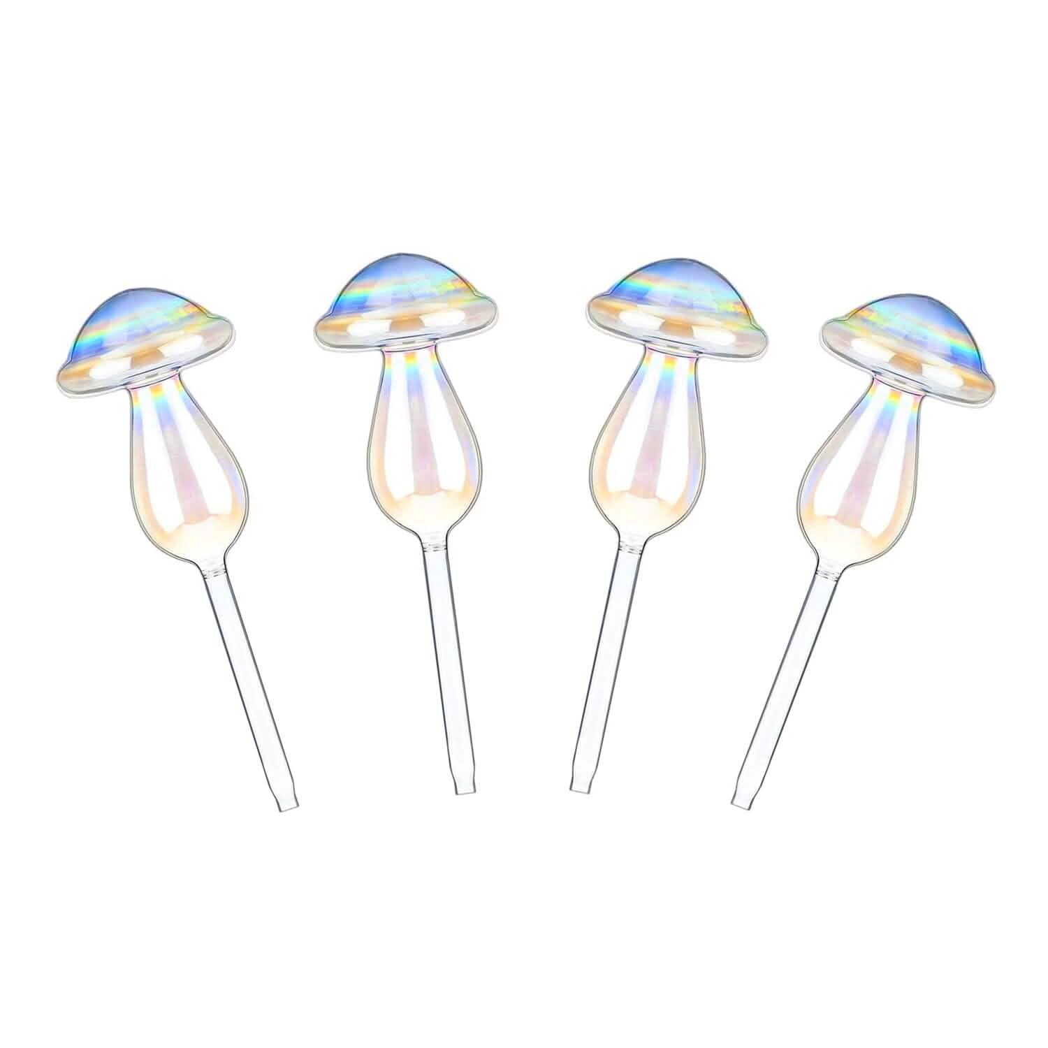 4-Pieces: Clear Glass Plant Watering Globes Iridescent Rainbow Gradient Mushroom DailySale