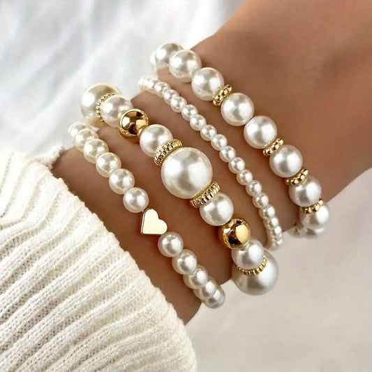 4-Pieces: Elegant White Faux Pearls Beaded Handmade Hand String Jewelry Set DailySale