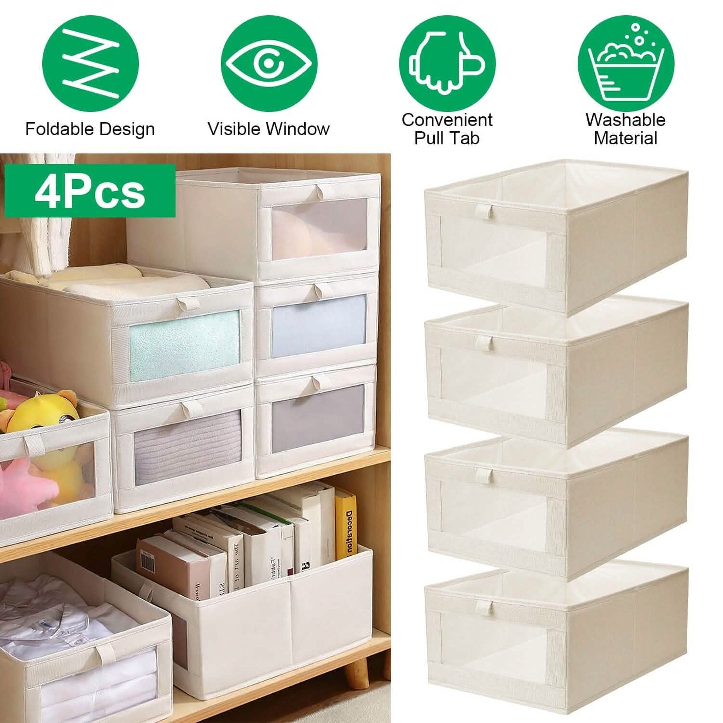 4-Pieces: Foldable Linen Clothing Storage Bin with Visible Clear Window DailySale